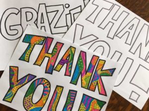 Picture of coloring pages with the words "thank you" and "Grazie"